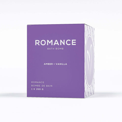 amber and vanilla bath bomb in square purple box by bare skin bar