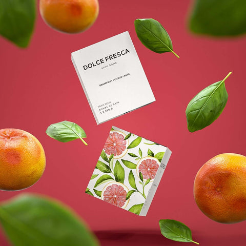 basil and grapefruit bath bomb in square box by bare skin bar