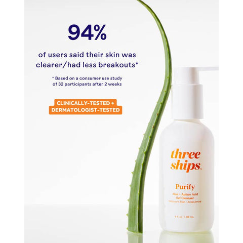 Three Ships Purify bottle with aloe vera plant on a white background