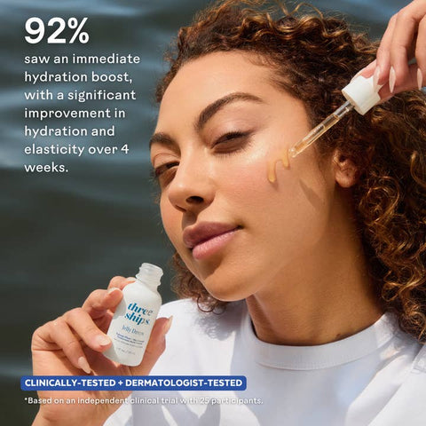 Woman applying skincare product with text about hydration boost and clinical testing.
