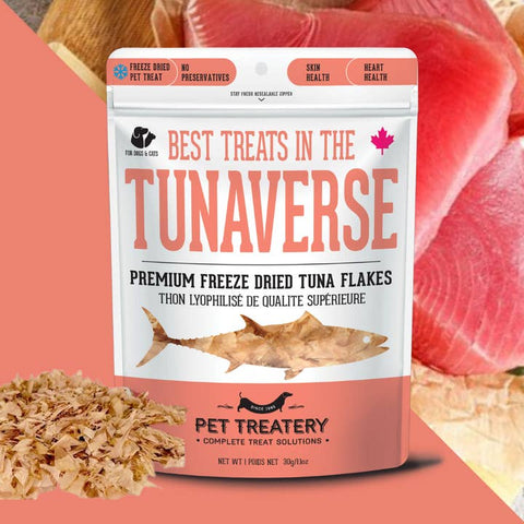 Pet treat packaging labeled 'Best Treats in the Tunaverse' with tuna flakes on a pink background.