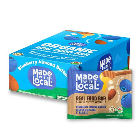 Box of Made with Local Organic Real Food Bars with a single bar in front on a white background