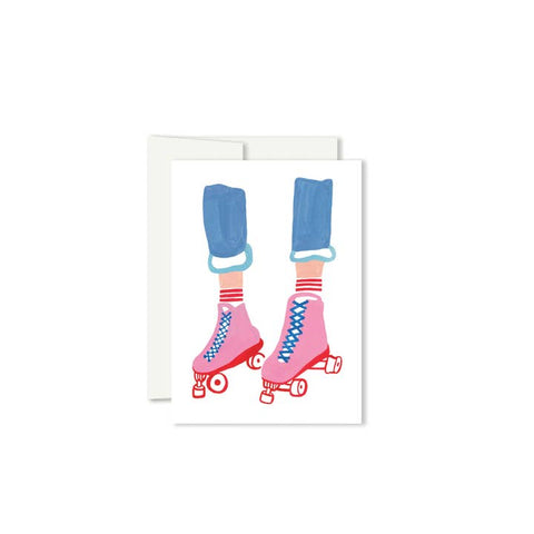 Illustration of pink roller skates with blue socks on a white background