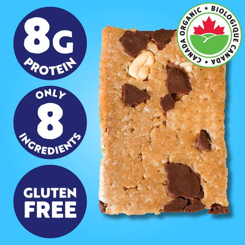 Bar with chocolate chips on a blue background with protein, ingredient, and gluten-free labels.