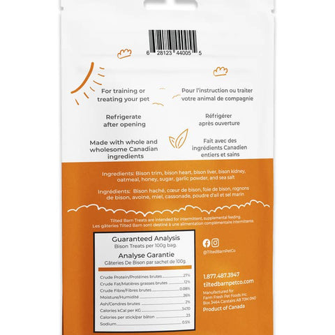 Back of a pet treat package with text and ingredients listed on a white background