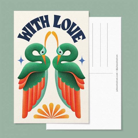 Postcard with two green and orange birds and 'WITH LOVE' text on a light green background