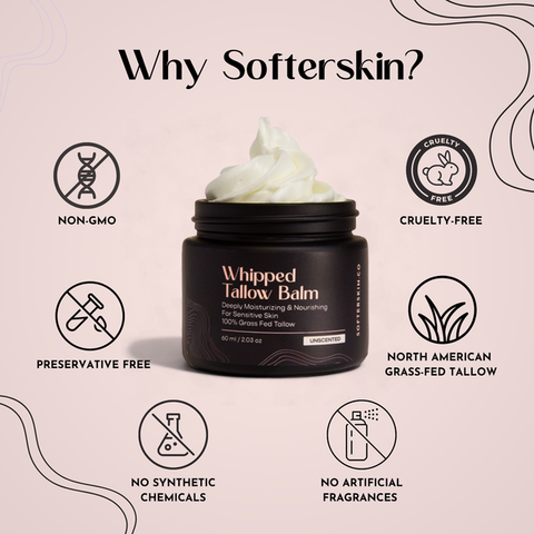 Whipped tallow balm jar with Softerskin branding on a light pink background, featuring icons and text about product features.