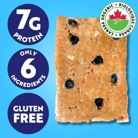 Bar of granola with blueberries, organic certification logo, and nutritional information on a blue background