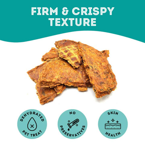 Dog treats with 'Firm & Crispy Texture' text and health benefits icons on a teal and white background.