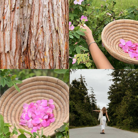 Collage of a textured tree bark, a hand holding pink flowers, a woven basket with pink petals, and a person walking on a path.