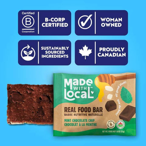 Made with Local real food bar with certification badges on a blue background