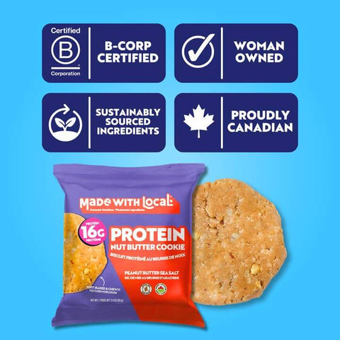 Protein nut butter cookie package with certification logos on a blue background