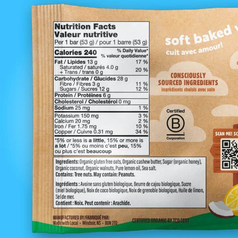 Nutrition facts label on a product package with a blue background