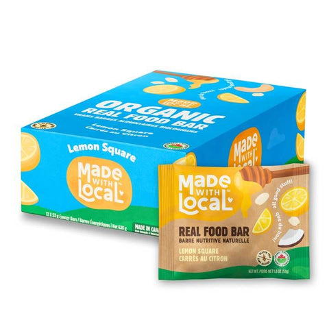 Box of Made with Local Organic Meal Food Bar Lemon Square flavor on a white background