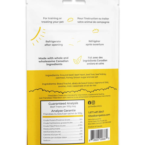 Back of a pet treat package with text and ingredients listed on a white background