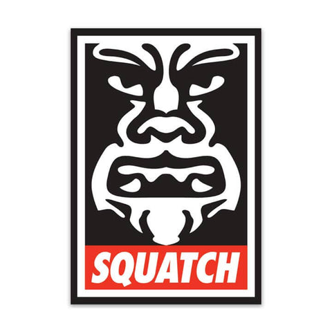 Sasquatch Sticker, black and white with the word squatch in red.