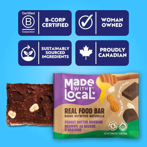Made with Local real food bar packaging with certification logos on a blue background