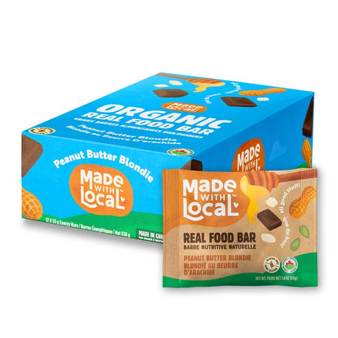 Box of Made with Local Organic Real Food Bars with a single bar displayed in front.
