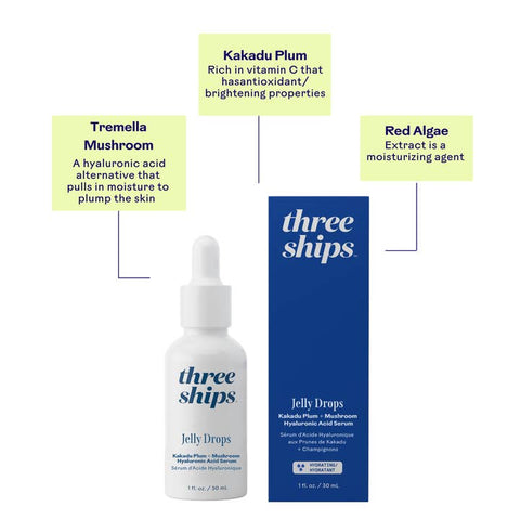 Three Ships Jelly Drops serum bottle and packaging on a white background with text about ingredients.