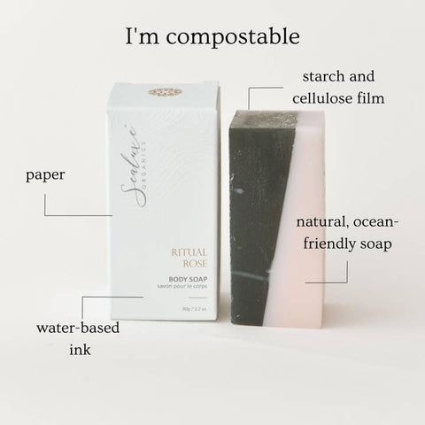 Body soap and packaging with compostable materials text on a white background