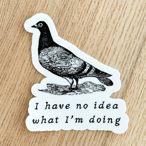 Sticker with a pigeon illustration and text 'I have no idea what I'm doing' on a wooden surface