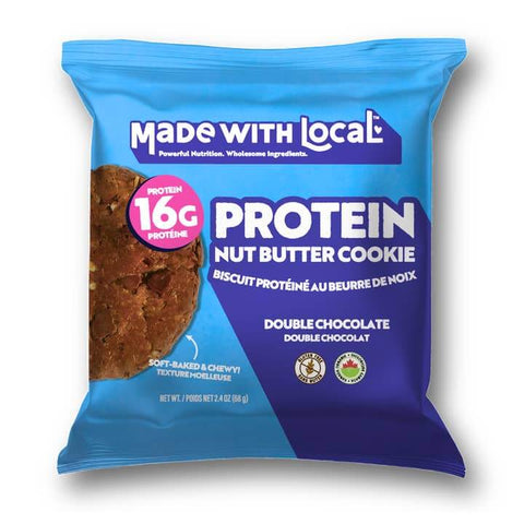Protein nut butter cookie package with blue and brown design on a white background