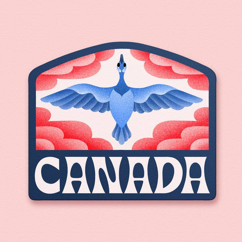 Decorative patch with a blue goose and 'Canada' text on a pink background