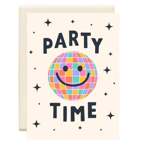 Card with 'Party Time' text and a colorful smiley face design on a beige background.