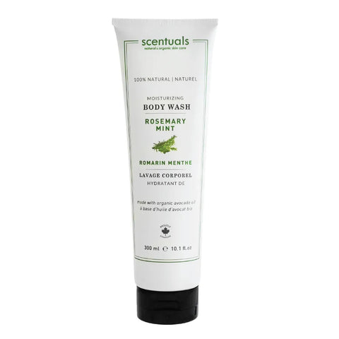 Scentuals body wash tube with rosemary mint scent on a white background