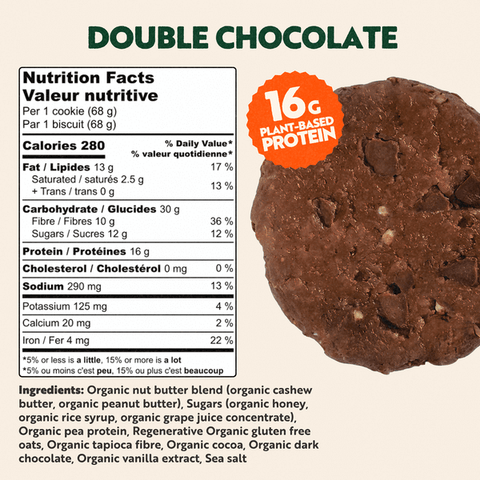 Double chocolate cookie with nutrition facts label and plant-based protein information on a beige background