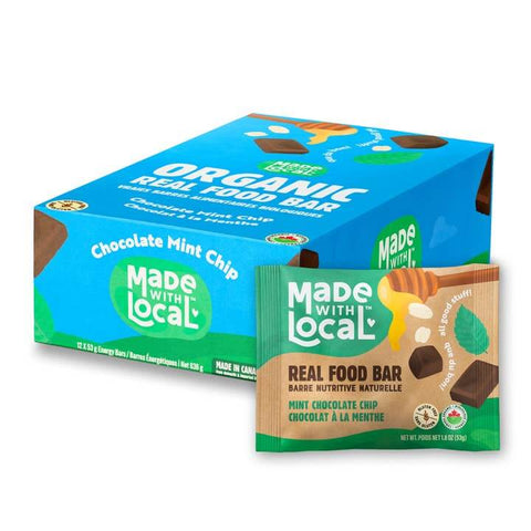 Box of Made with Local Organic Real Food Bars with a single bar displayed in front.