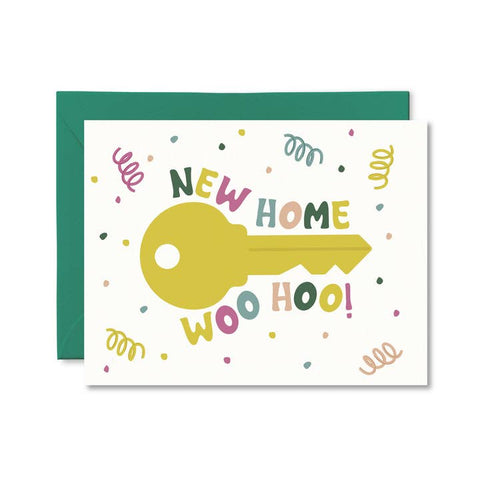 Greeting card with a yellow key and 'New Home Woo Hoo!' text on a white background with a green envelope.
