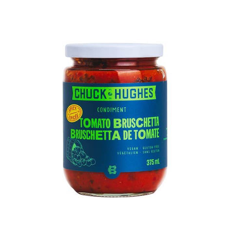 Jar of Chuck Hughes Spicy Tomato Bruschetta – 375ml vegan, gluten-free gourmet tomato spread with bold blue and green label, made in Canada