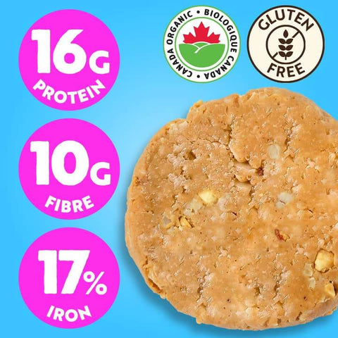 Cookie with nutritional information and certification logos on a blue background