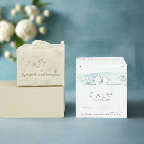 Bar of soap and its packaging with 'Tofino Soap Company' branding on a blue background.