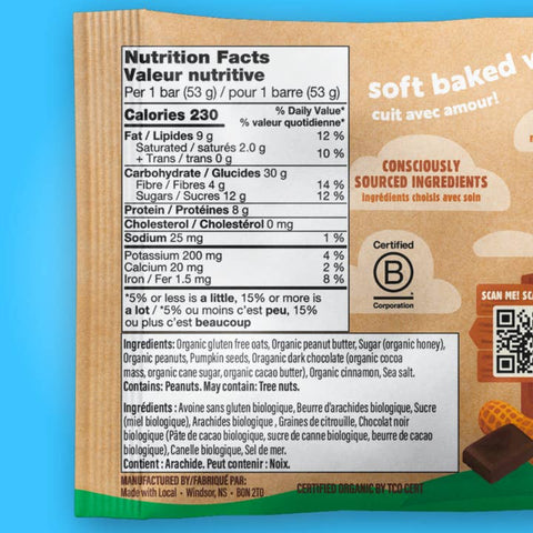 Nutrition facts label and ingredient list on a product packaging with a blue background