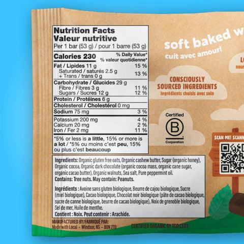 Nutrition facts label and ingredient list on a product packaging with a blue background