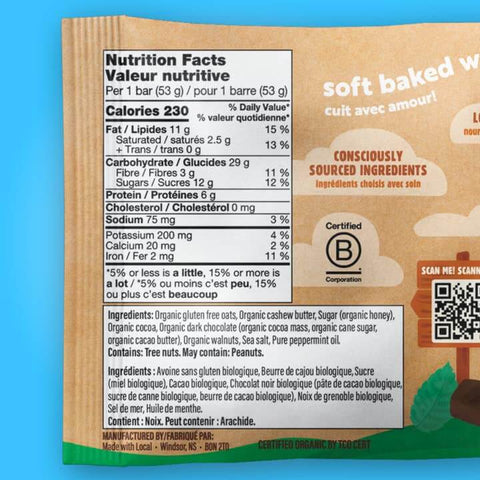 Nutrition facts label and ingredient list on a product packaging with a blue background
