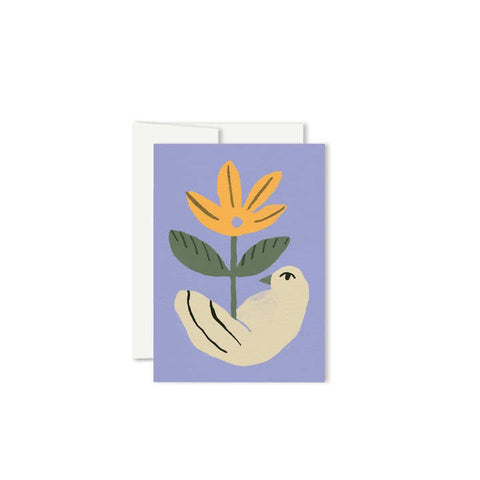Greeting card with a stylized bird and flower on a purple background