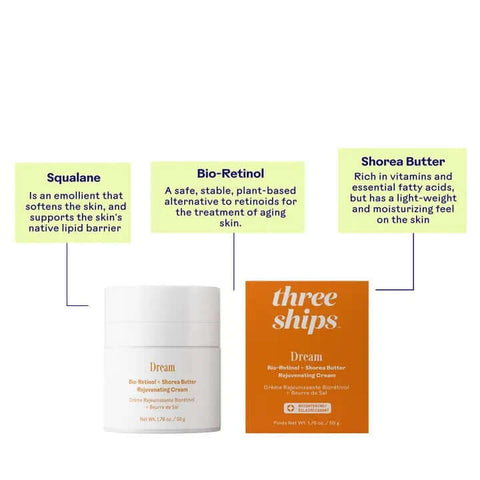 Skincare product with ingredients listed on a white background