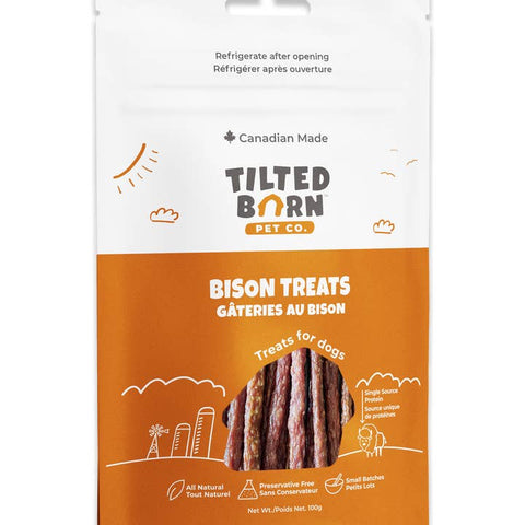 Package of Tilted Born Pet Co. Bison Treats for dogs on a white background