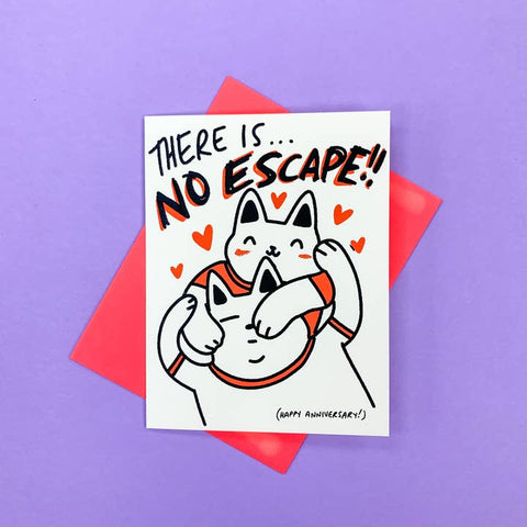 Card with cartoon cats and 'There is... No Escape!' text on a purple background