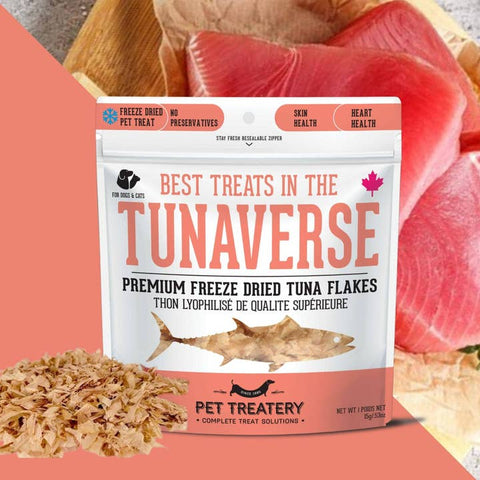 Package of 'Best Treats in the Tunaverse' premium freeze-dried tuna flakes with tuna slices in the background.