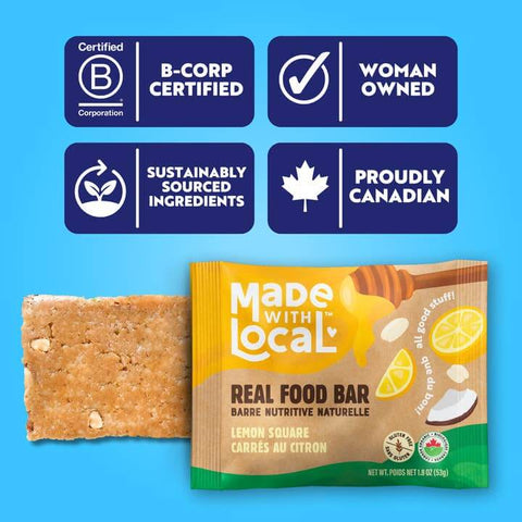 Made with Local real food bar with certification logos on a blue background