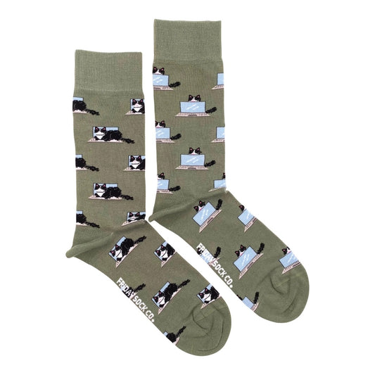 mens olive green socks with cat on computer