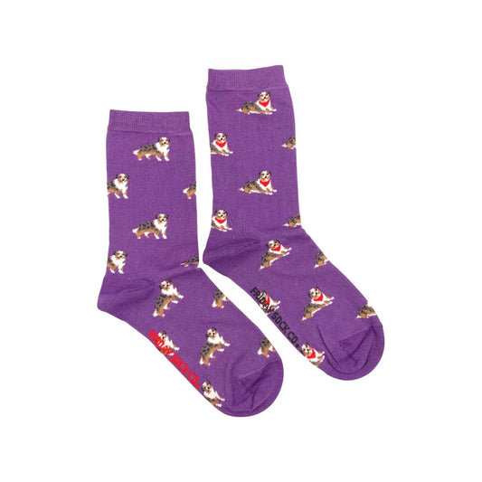purple woman's socks with Australian shepherd 