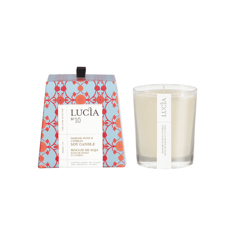 Lucia No. 10 Candle – Damask Rose & Cypress, luxury soy candle handmade in Canada with floral and woodsy scent