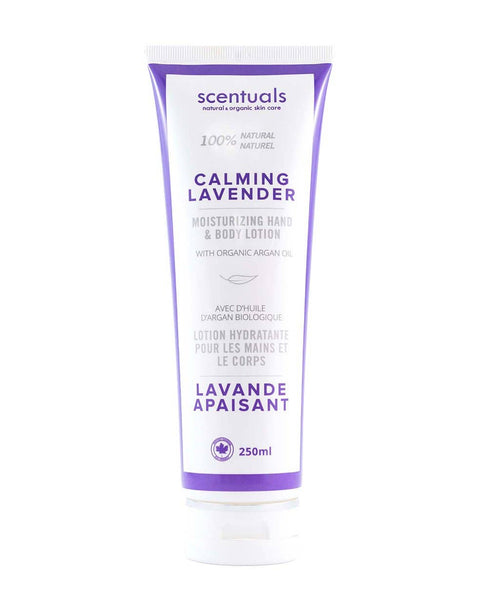 lavender lotion in white tube with purple accent
