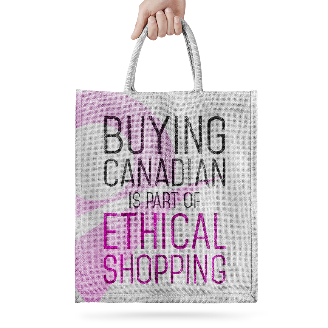 canvas shopping bag with words "buying Canadian is part of Ethical Shopping"