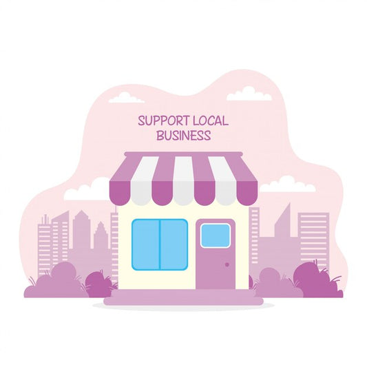 small cartoon shop, shown in purple with support local business on top